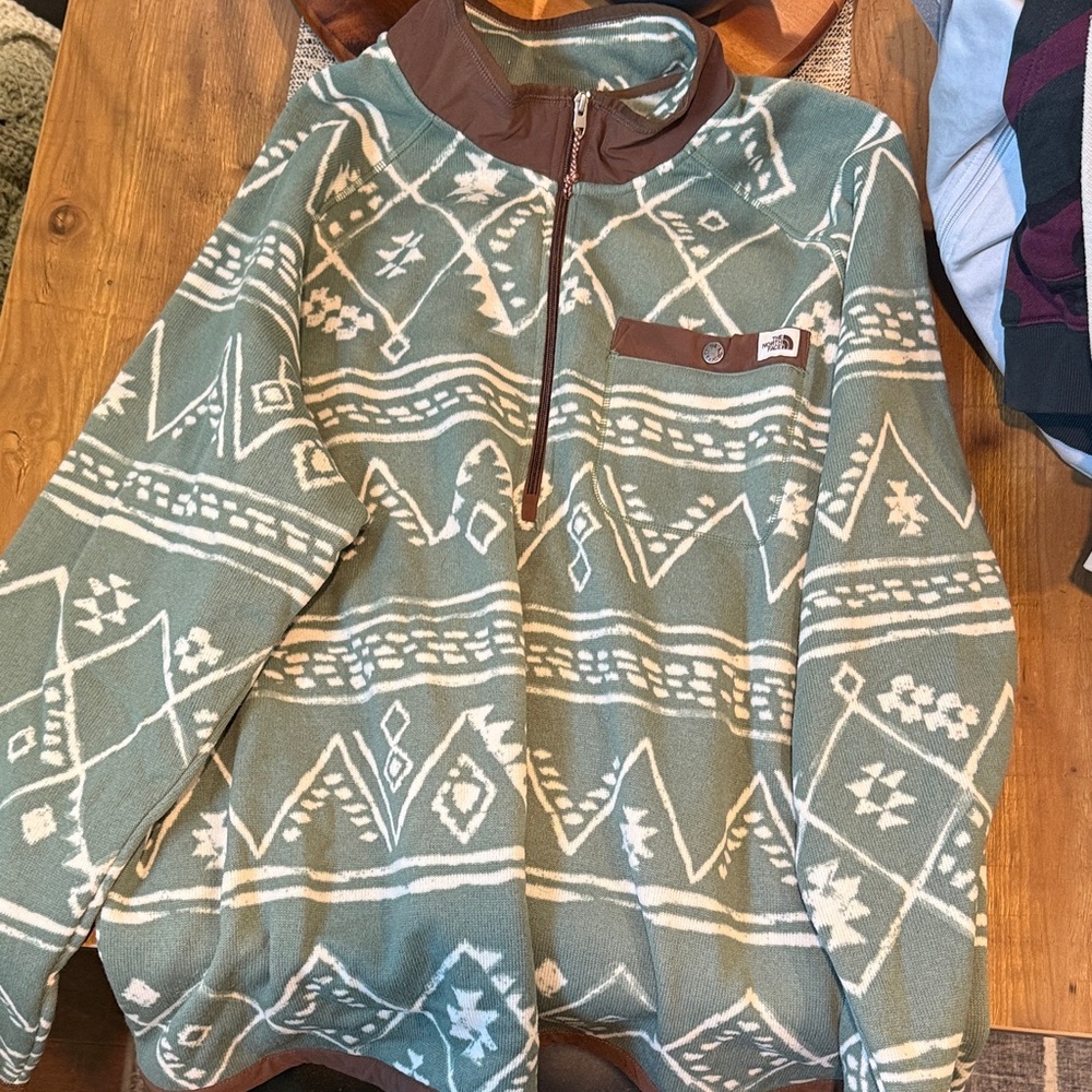 The North Face Green and White Zip Up Sweater